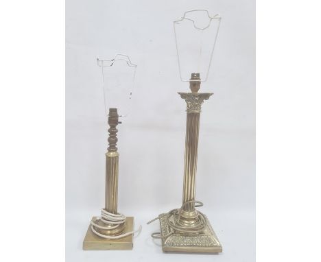 Brass corinthian column table lamp on square base and another with reeded column, 51cm and 42cm and the pale green fabric sha