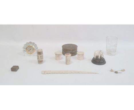Quantity miniature carved bone items including dominoes within oval basket, trinket boxes, etched glass with jockey and inscr