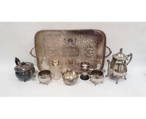 Plated three-piece teaset, a large silver plated two-handled tray of rectangular form with pierced gallery, assorted cutlery,