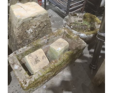 Assorted stoneware to include staddlestone base, plant trough and circular plant pot (3) 