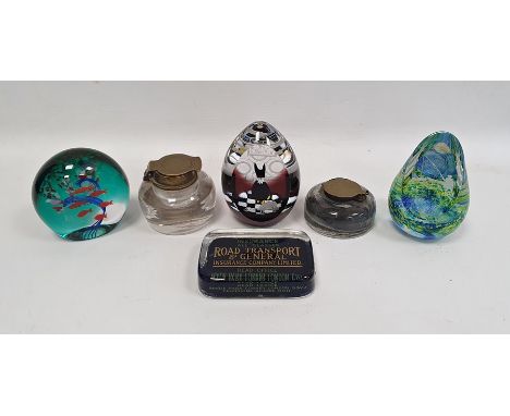 Two Victorian glass inkwells with brass hinged lids, a Caithness glass paperweight 'Ocean Shoal', another 'Feline Friends, Pa