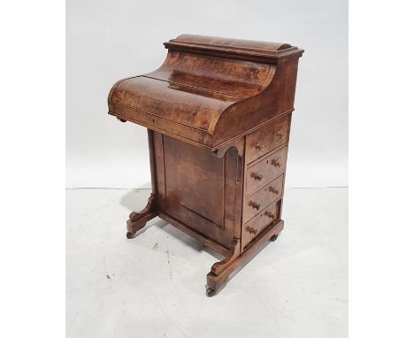 Victorian burr walnut davenport desk with rising back, fitted interior, four drawers, kneehole cupboard, whole raised on brow