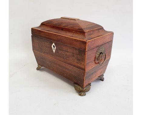 Georgian mahogany tea caddy, sarcophagus-shaped, pair brass floral basket and ring handles, fitted interior with velvet and t