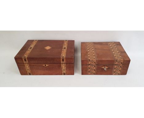 Victorian Tunbridgeware and walnut workbox with removable section tray, two bands of geometric inlay, 25.5cm wide and another