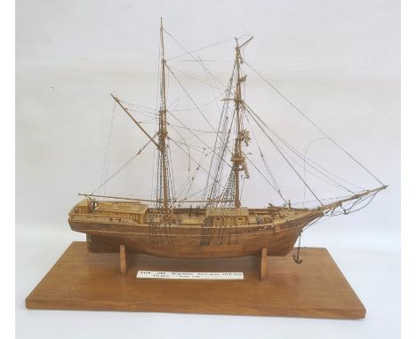 Wooden model ship 'Leon 1880 Brigantine Norwegian 110ft long, 302 tonne Scale 1:91', on wooden plinth, 51cm x 45cm overall 