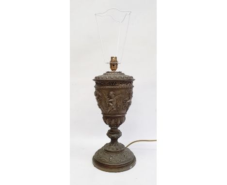 Bronze-effect table lamp, ovoid and tapering with Bacchanalian cherub decoration, on knopped ornate column circular base, 35c