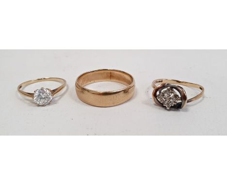 9ct gold wedding band, a 9ct gold solitaire ring set with a white stone and another 9ct gold ring, total approx.weight 7.5g (