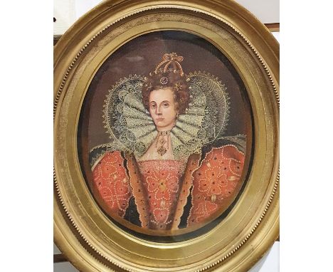 20th century schoolOil on panelOval half length portrait of Elizabeth IUnsigned24cm x 20cm 