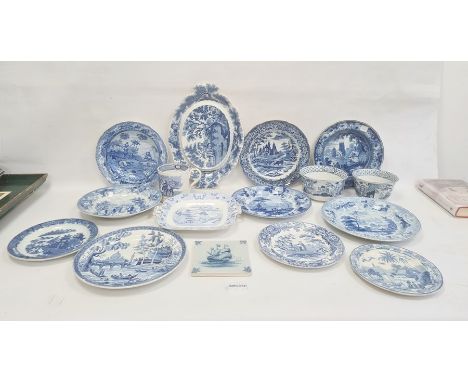 Collection of Staffordshire blue and white pottery, 19th century, variously transfer printed in pastoral scenes and landscape