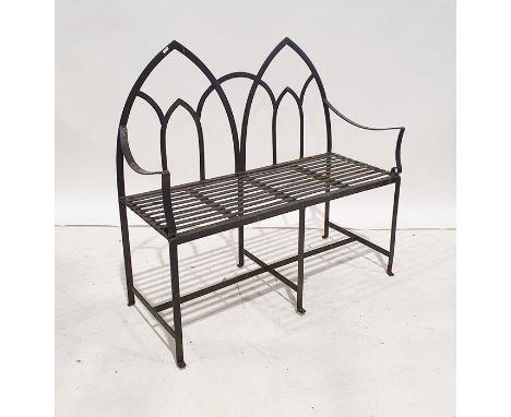 Iron strapwork two-seat bench with twin arch backCondition ReportLength 106.5cmWidth (including feet) 45cmHeight 99.5cmHeight