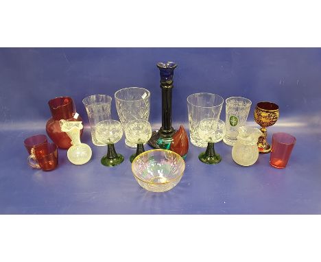 EPNS mounted cut glass claret jug, a cut glass biscuit barrel, two decanters, small quantity of cranberry glass, a blue glass