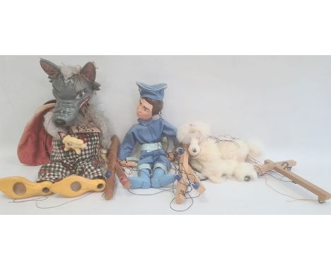 Big Bad Wolf puppet in grey, Pelham poodle puppet in yellow box and Thunderbirds puppet (3) 