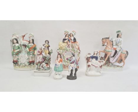 Six Staffordshire pottery figures and a continental porcelain figure, mid to late 19th century, comprising a pearlware group 