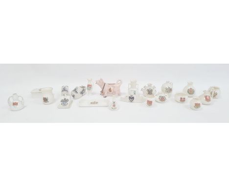 Collection of Goss crested china and other crested ware to include a model of a boat, miniature vases, a cow creamer, a tyg, 