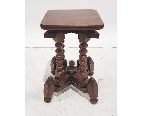 20th century walnut bowfront chest of four drawers, on cabriole legs and an unusual square-seated stool with bobbin turned su