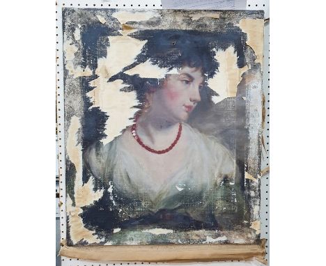 In the manner of Henry Raeburn (1756-1823)Oil on canvasBust length portrait of a young woman wearing a coral necklace, 60cm x