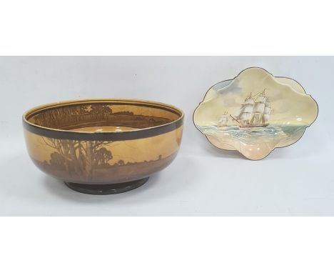 Royal Doulton 'Famous Ships, The Hydra' trinket dish, no.D5947, 23cm wide and a Royal Doulton bowl, landscape decorated, 11.3