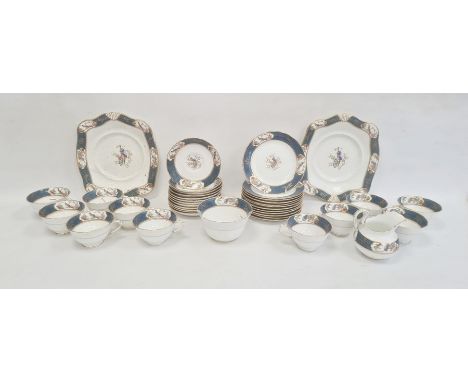 English porcelain part tea service, late 19th century, printed and painted with birds perched on prunus branches, reserved on