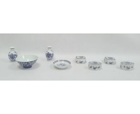 Collection of four Chinese porcelain trinket pots and covers, a pair of oveform miniature vases, 9cm high, a saucer and a fla