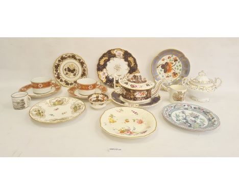 Collection of English pottery and porcelain plates and dishes,  circa 1815 and later, including a blue ground teapot and cove