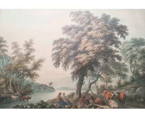 Light (?)Watercolour drawingRiver landscape, two figures seated with herd of cattle at water's edge, 29 x 40cm, labelled vers
