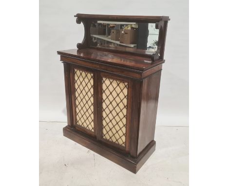 Victorian rosewood chiffonier, the top with three-quarter galleried shelf above mirror back, two cupboard doors, on plinth ba