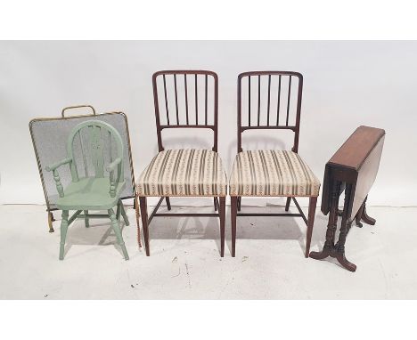 Brass and wire firescreen, a Sutherland table, two chairs and a child's wheelback chair (5) 