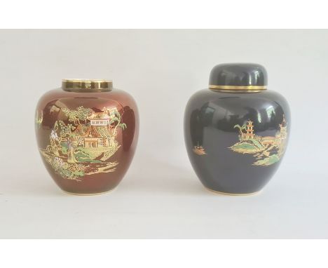 Two Carltonware ginger jars and a cover, printed marks, the first painted on powdered dark blue ground with a chinoiserie pav