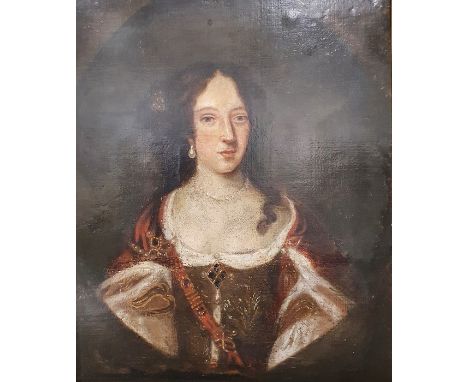 19th century schoolOil on canvasHalf length portrait of a lady wearing pearls, in red and white dressUnsigned73cm x 60cm 
