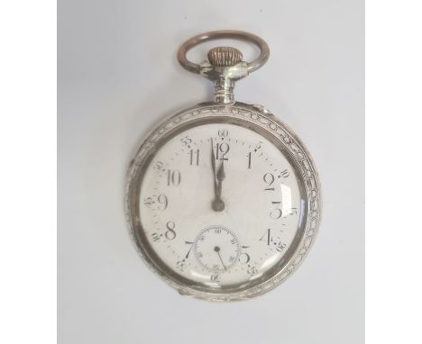 Large continental white metal cased pocket watch, button winding, with subsidiary seconds dial, inscribed to the interior 'Sp