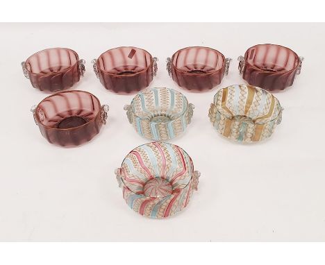 Three Venetian latticino glass ice cream bowls with cherub head mask handles and five amethyst ground ice cream bowls with ch