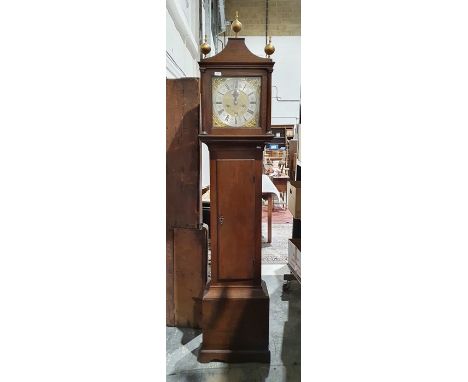 Oak longcase clock with raised pediment, having curved sides, three ball finials, square brass dial with subsidiary seconds d