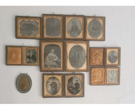 11 Victorian portrait and other photographs in leather and gilt cases and a small mosaic photograph frame (2 boxes) 