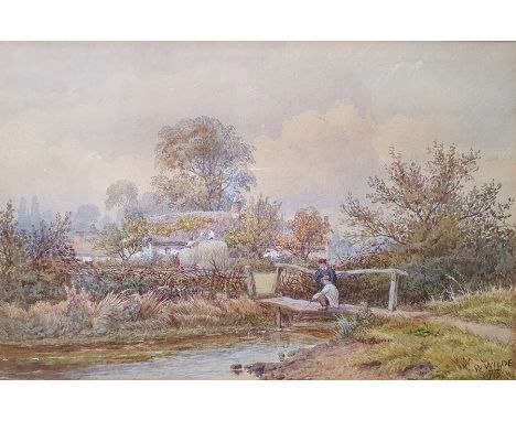 William Wilde (1826-1901)WatercolourChildren playing with boat in river, farm cottage beyond, signed lower right and dated '7