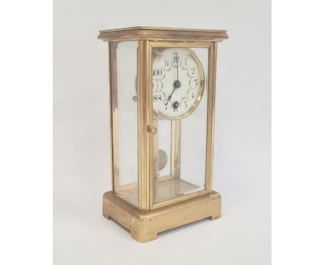 Brass and four-panelled glass mantel clock, with enamel Arabic numeral dial, floral painted, 20.5cm high 