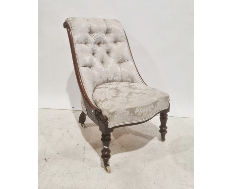 Victorian rosewood framed salon chair,&nbsp;button back upholstery, serpentine fronted seat, turned support to castors