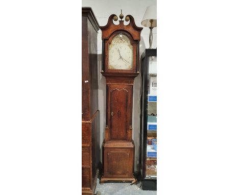 Georgian mahogany and oak longcase clock with swan-neck pediment, the painted broken arch dial with exotic bird decoration to