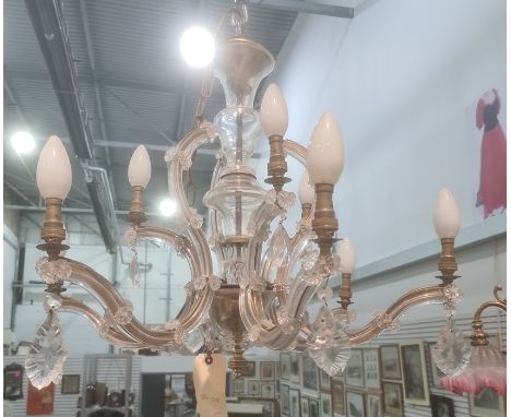 Six-branch nine-light glass electrolierCondition ReportThere are no more crystals other than attached to the piece.