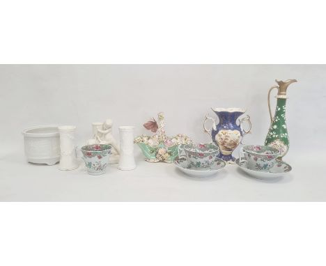 Tall slender baluster green ground ewer moulded with flowers, 25cm high,&nbsp;a two handled&nbsp; blue ground vase painted wi