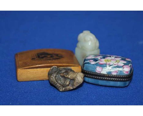 CARVED JADE SEAL AND A NETSUKE
together with a Limoges box and a Mauchlineware box