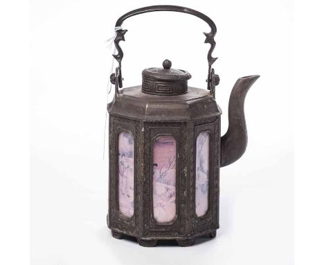 CHINESE BRONZE TEA POT
with painted glass panels, 15cm high 