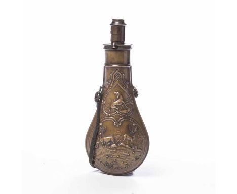 COPPER HAWKSLEY STYLE POWDER FLASK
with embossed hunting decoration to both sides, 20cm long