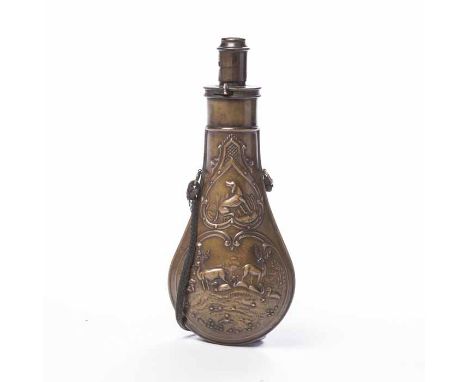 COPPER HAWKSLEY STYLE POWDER FLASK
with embossed hunting decoration to both sides, 20cm long