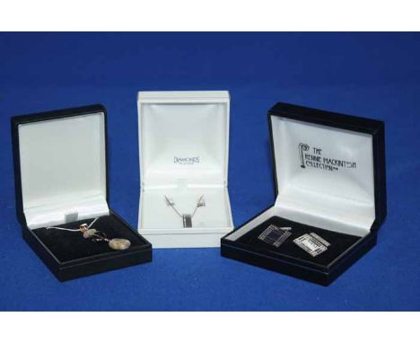 LOT OF SILVER JEWELLERY
including 925 Mackintosh-style cufflinks, 925 silver/crystal marcasite bracelet, two handmade pendant