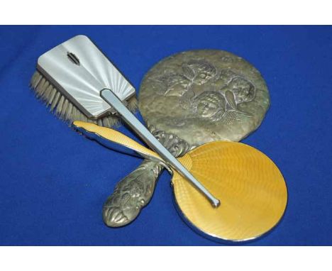 COLLECTION OF SILVER AND SILVER PLATED VANITY ITEMS
including an Art Deco silver guilloche enamel brush, two white metal mirr