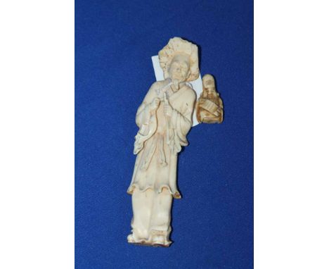 LATE 19TH/EARLY 20TH CENTURY CHINESE CARVED IVORY FIGURE
of a man wearing robes with large hat; together with a small wooden 