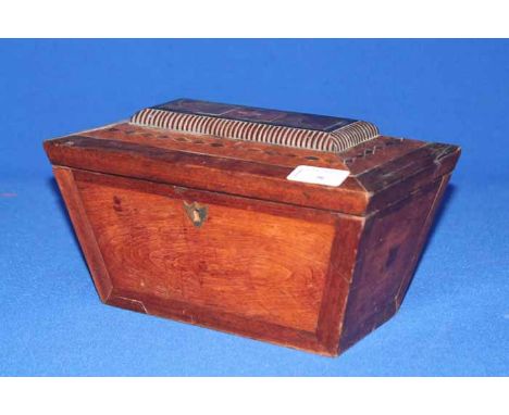 MAHOGANY INLAID TEA CADDY AND A CASED PART CHESS SET 