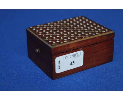 UNUSUAL 19TH CENTURY BONE PARQUETRY AND ROSEWOOD POCKET WATCH TRAVEL BOX
lid with repeating hexagonal pattern, interior with 