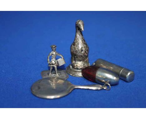 LOT OF SMALL SILVER ITEMS
including a goose figure, a figure of a pig, a set of silver enamel cocktail sticks in the form of 