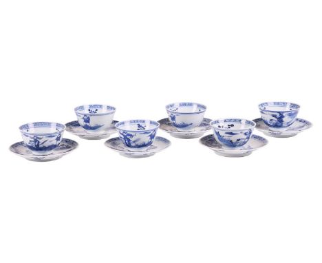 A set of six Chinese Kangxi blue and white tea bowls and saucers, each painted with galloping huntsmen with bows and arrows i